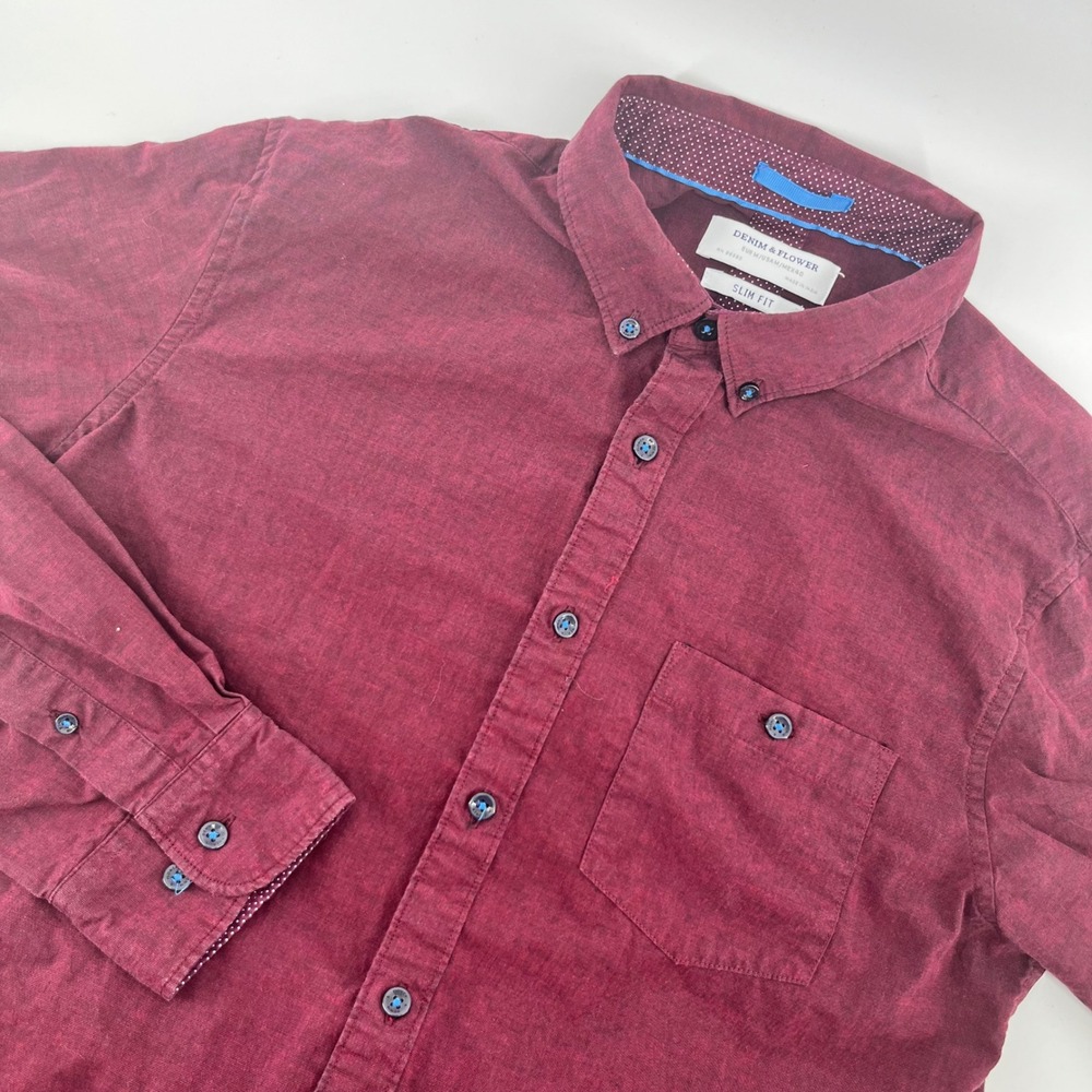 Denim & Flower Mens Slim Fit Burgundy Cotton Button Down Shirt Size Medium